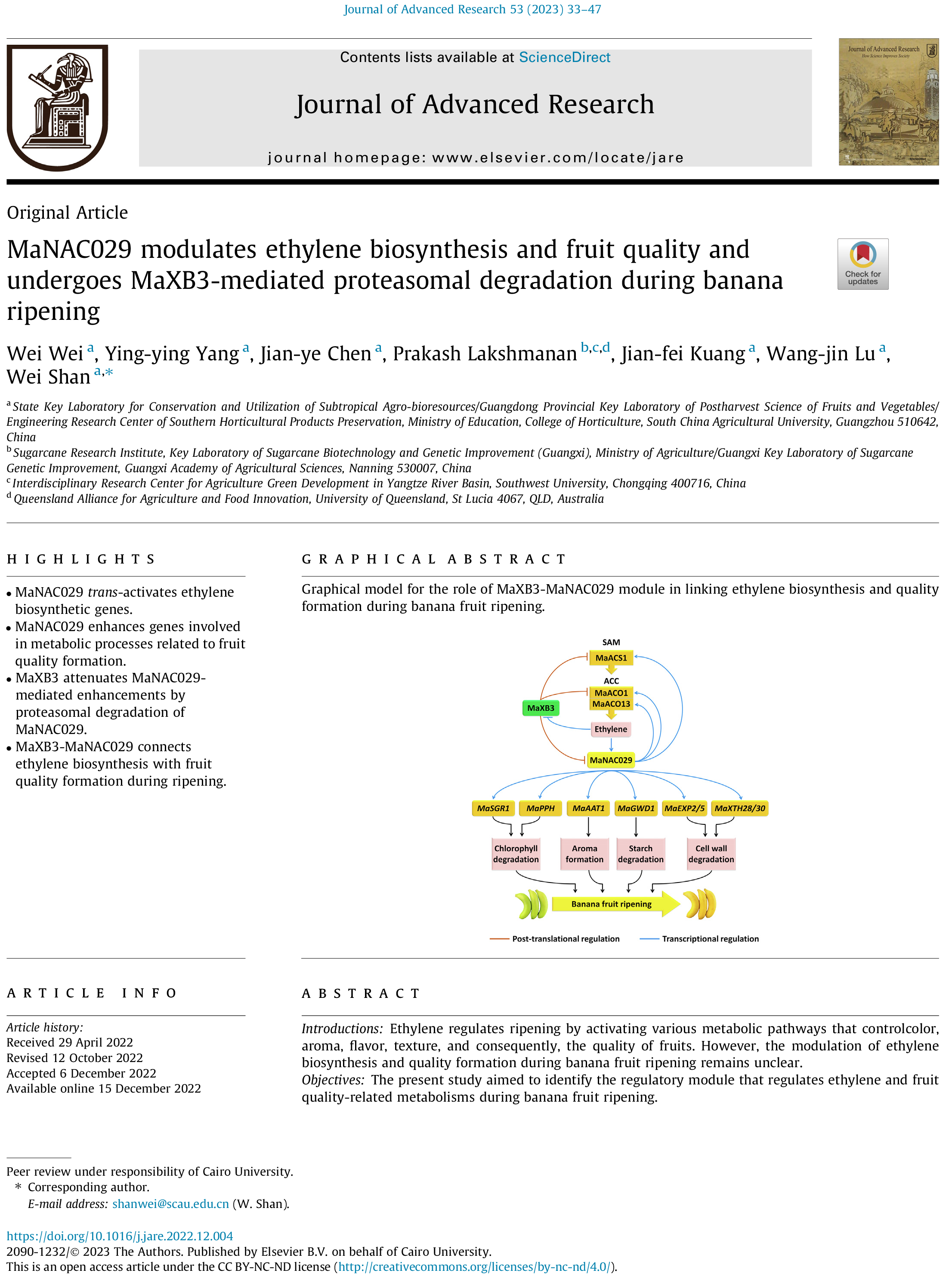 MaNAC029 modulates ethylene biosynthesis and fruit quality and undergoes MaXB3-mediated proteasomal degradation during banana ripening