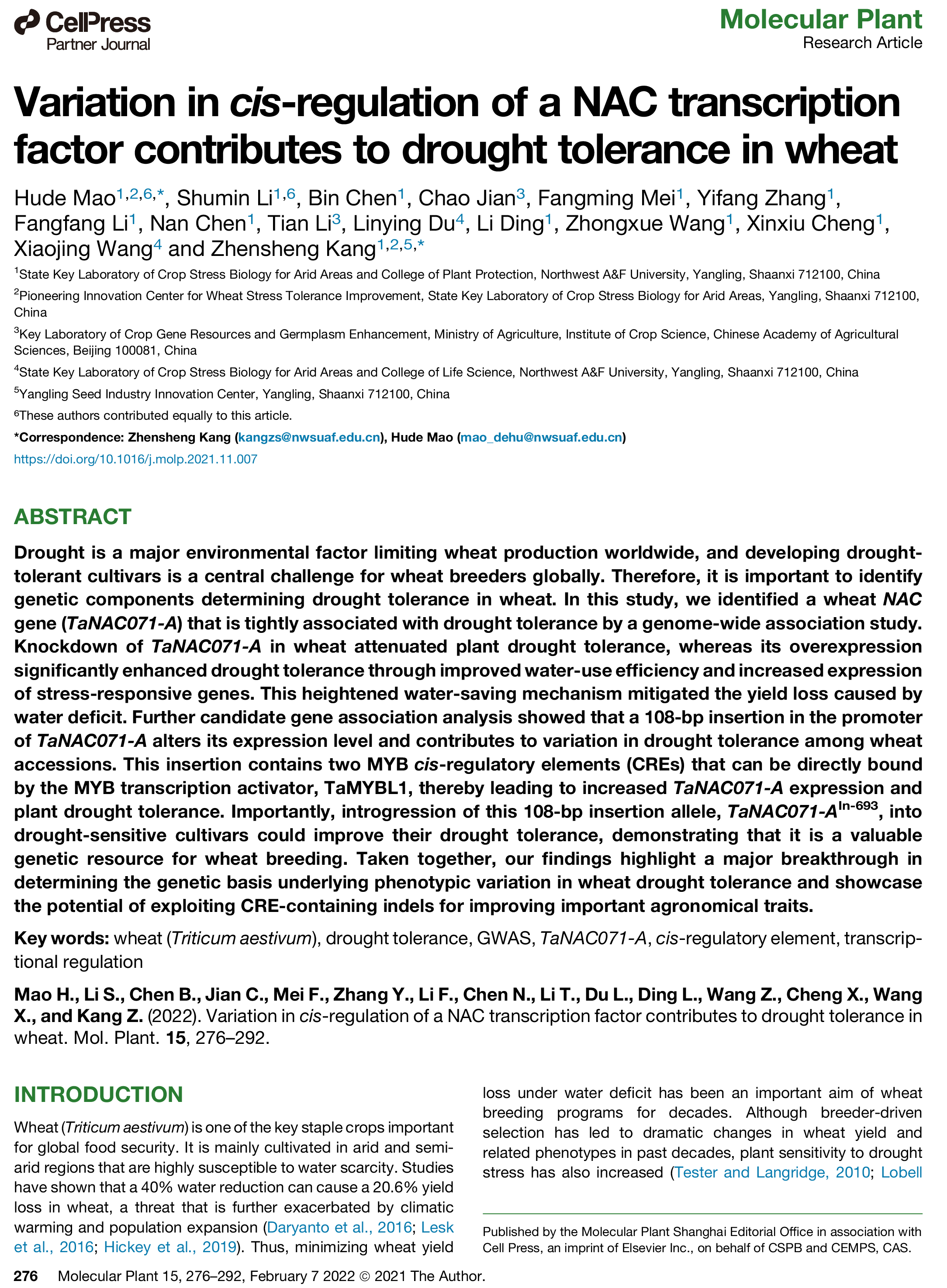 Variation in cis-regulation of a NAC transcription factor contributes to drought tolerance in wheat